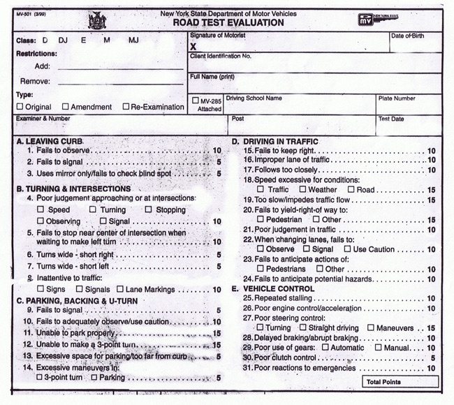 NY Dmv Road Test Scoring Sheet Deshi Driving School